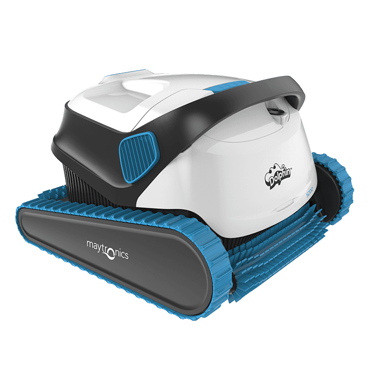 A white, black, and blue Maytronics Dolphin robotic pool cleaner with blue tank-style tracks and brushes.