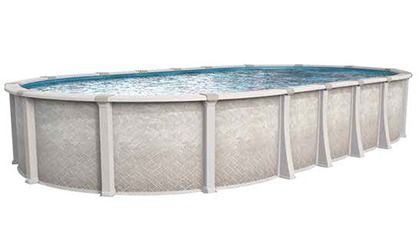 An oval, above-ground swimming pool with light-colored, textured walls and a white frame, set against a white background.