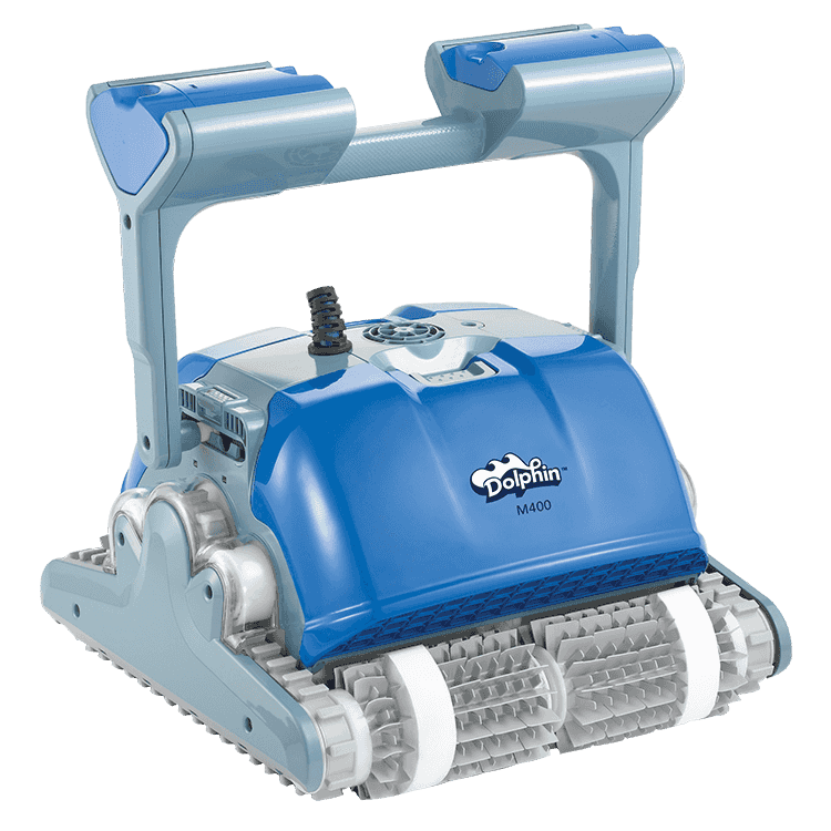 Blue Dolphin robotic pool cleaner with a grey handle and scrubbing brushes, shown from a front-angle perspective.