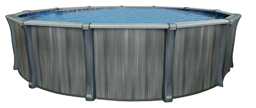 A round, above-ground swimming pool with gray wood-patterned siding and gray structural supports against a white background.