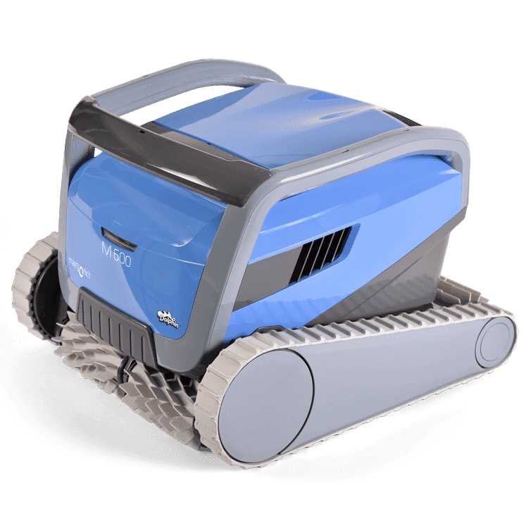A blue and grey Dolphin M600 robotic pool cleaner on a white background.