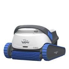 A white and dark gray Dolphin S300 robotic pool cleaner with blue tracks and a blue front roller against a white background.