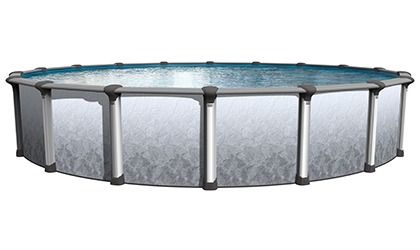 A round above-ground swimming pool with a white, patterned metal wall and gray support posts against a white background.