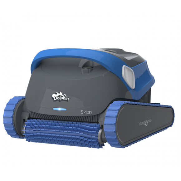 A grey and blue Dolphin S400 robotic pool cleaner with a blue front scrubbing brush, set against a white background.