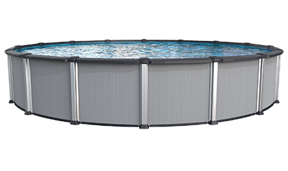 A circular above-ground swimming pool with grey corrugated walls, silver vertical posts, and black top rails.