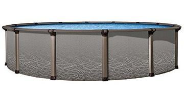 A round, above-ground swimming pool with a grey patterned exterior and dark metal support frames.