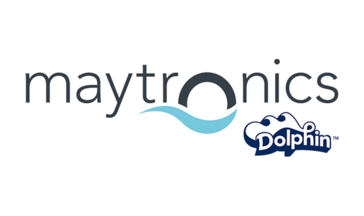 Maytronics logo with text, stylized ocean wave and Dolphin icon.