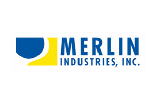 The logo for Merlin Industries, Inc., featuring a blue circular shape on a yellow background next to the company name.