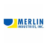 Logo for Merlin Industries, Inc. featuring a blue and yellow abstract graphic next to the company name in blue text.