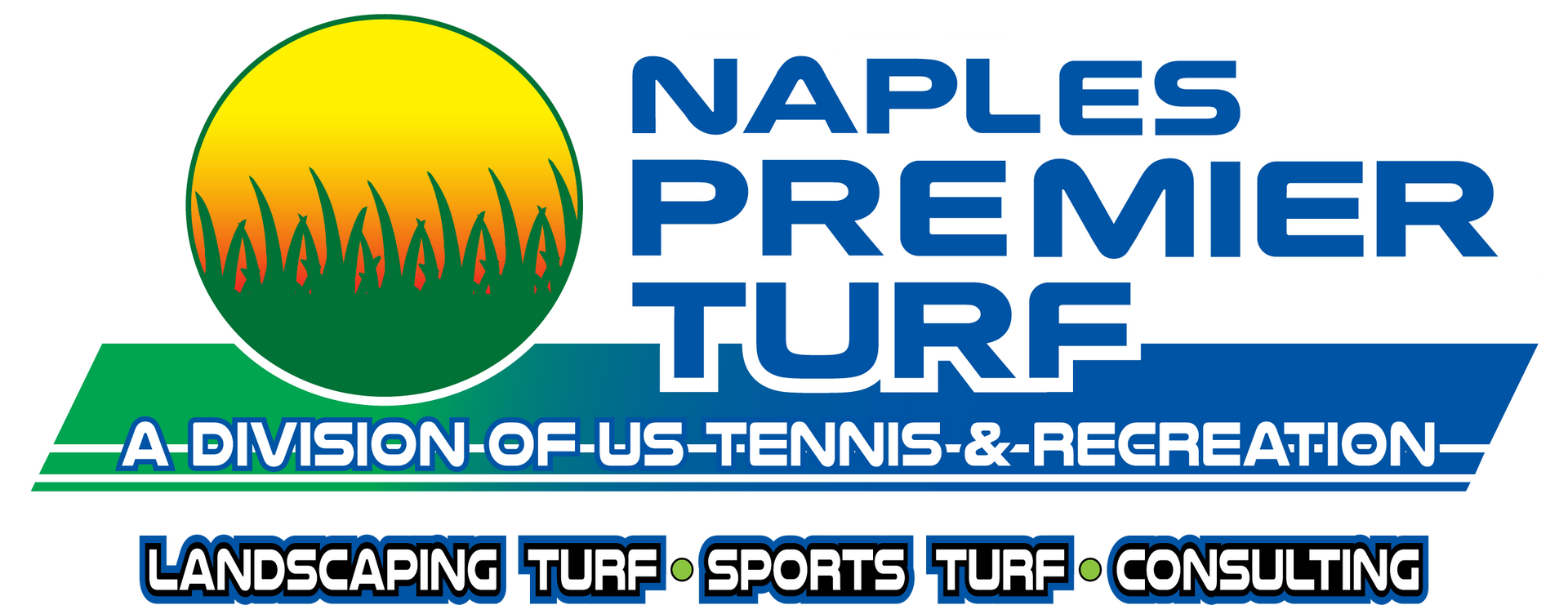 Naples Premier Turf logo with sun, grass, and blue-green text for landscaping, sports turf, and consulting