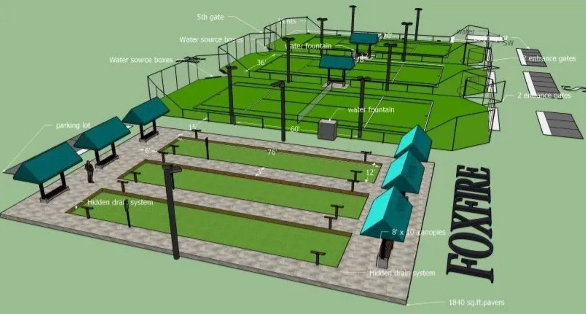 3D site plan of a green outdoor recreation area with paths, benches, lights, and “FOXFIRE” lettering