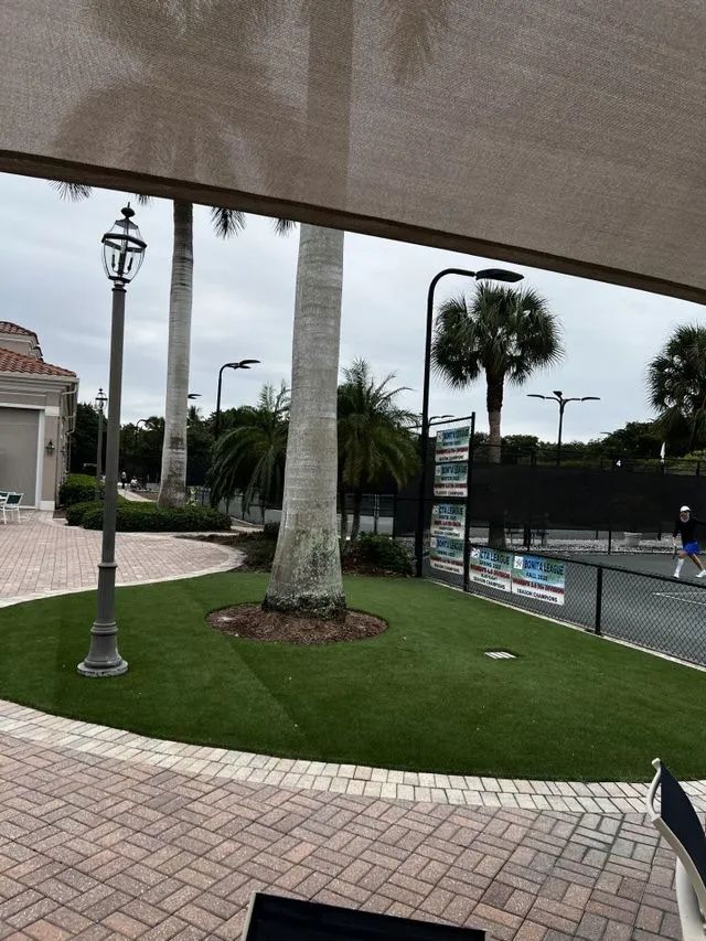Landscaped front yard with palm trees, lamp posts, and a paved walkway beside a road