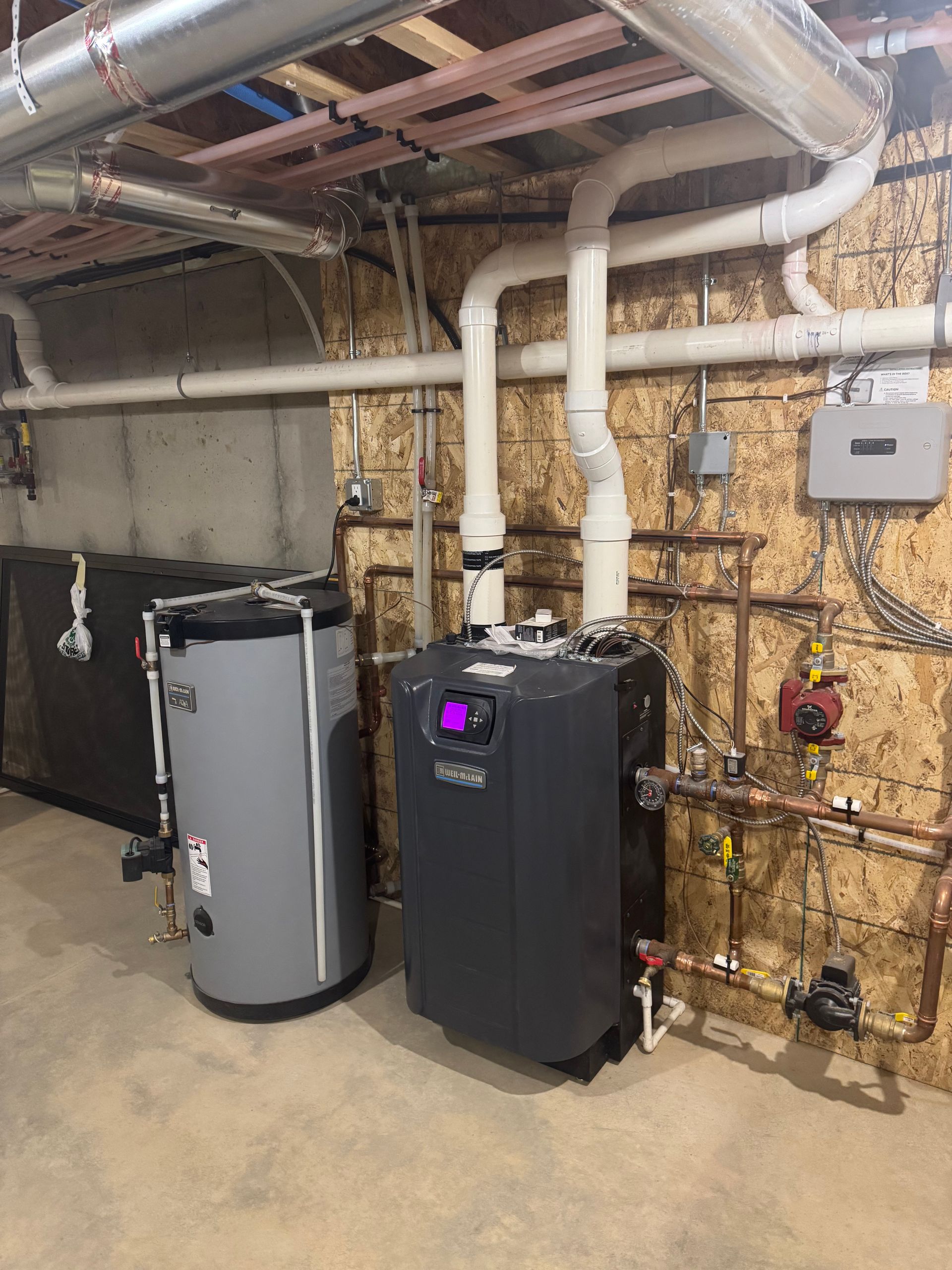 Basement utility room with a water heater, furnace, exposed pipes, and electrical wiring on unfinished walls