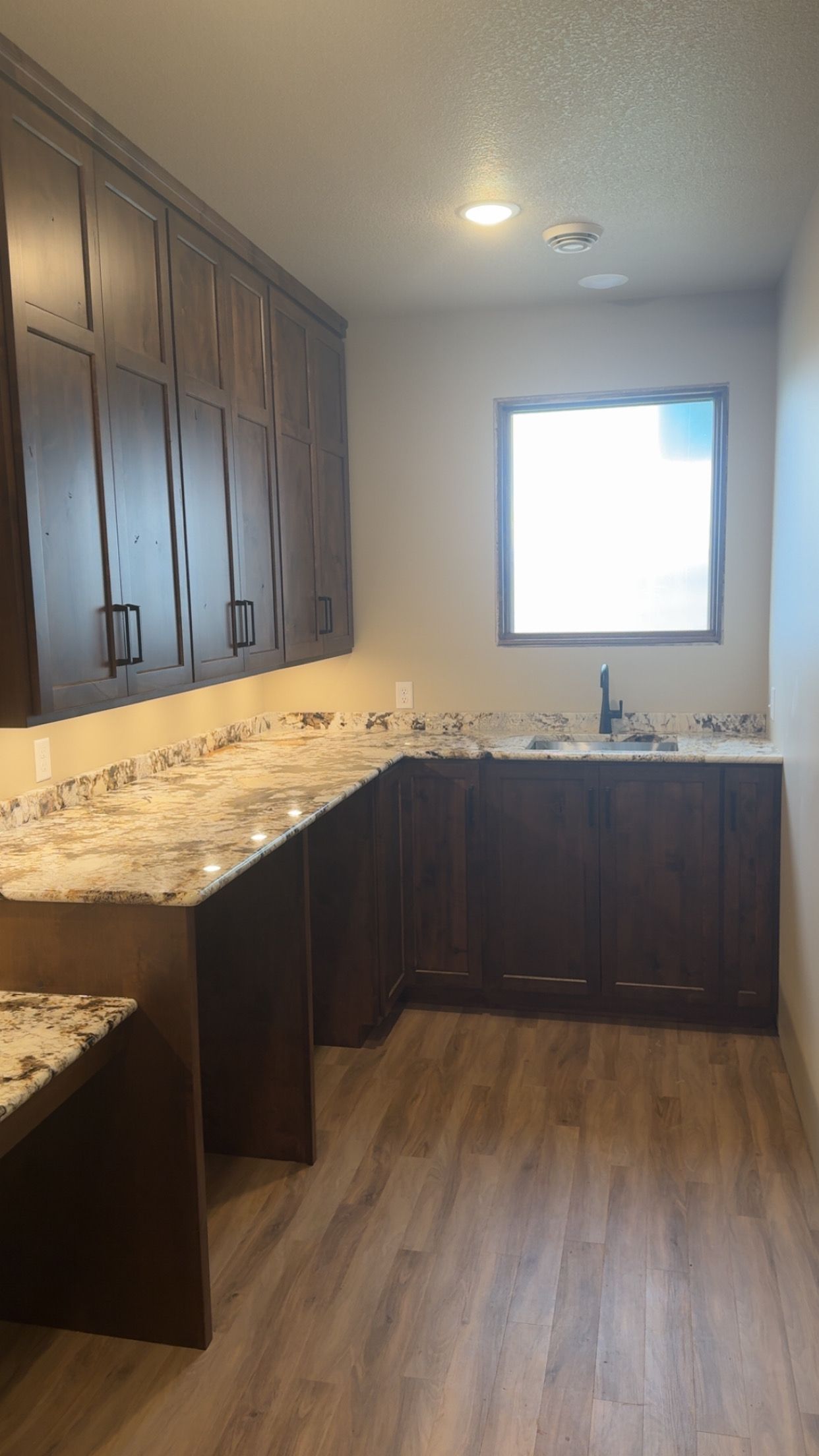 Empty modern kitchen with dark wood cabinets, granite counters, and a window above the sink.