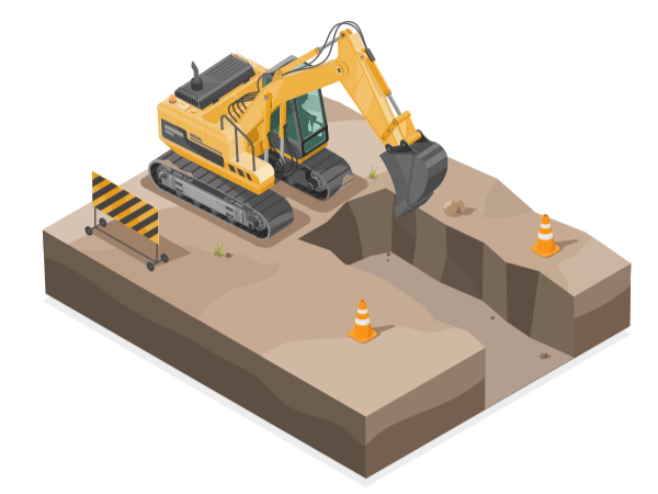 Yellow excavator digging a trench in brown dirt, with orange cones and a caution sign.