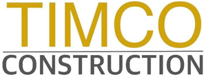 TIMCO Construction logo, gold text above dark gray, sans-serif font.
