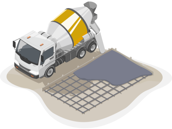Concrete truck pouring cement over a rebar grid, construction site.