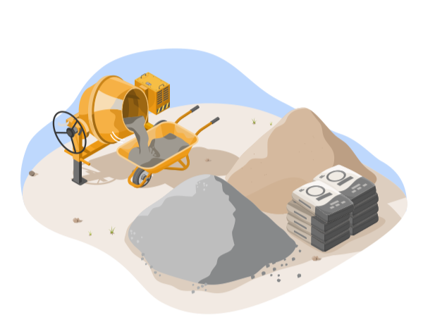 Construction scene with cement mixer, wheelbarrow, sand piles, and cement bags.