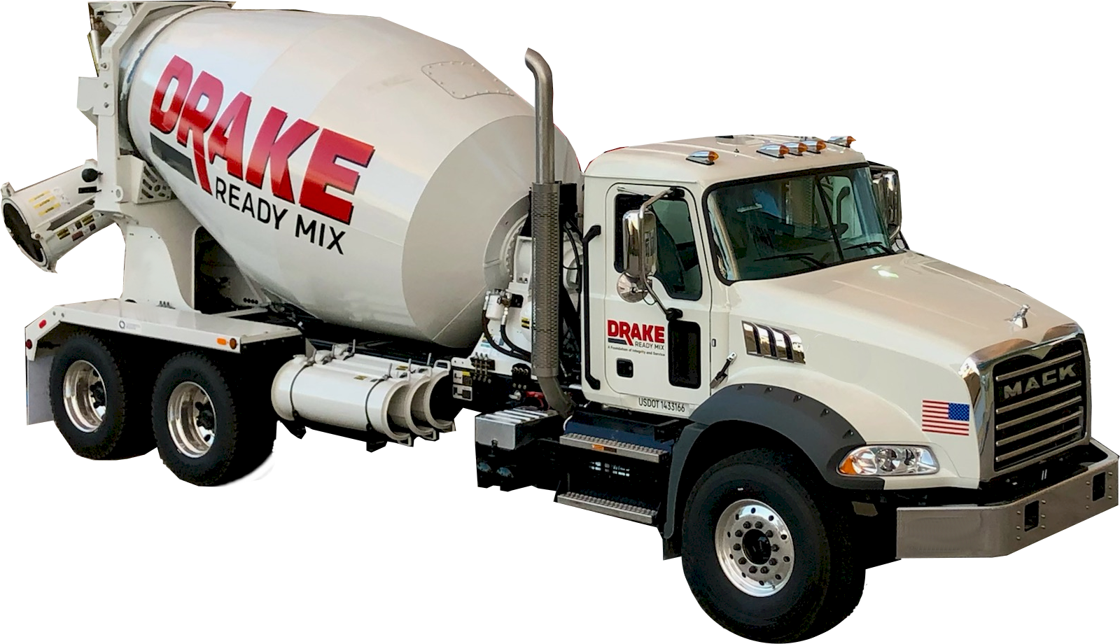 A white concrete mixer truck is on a white background.