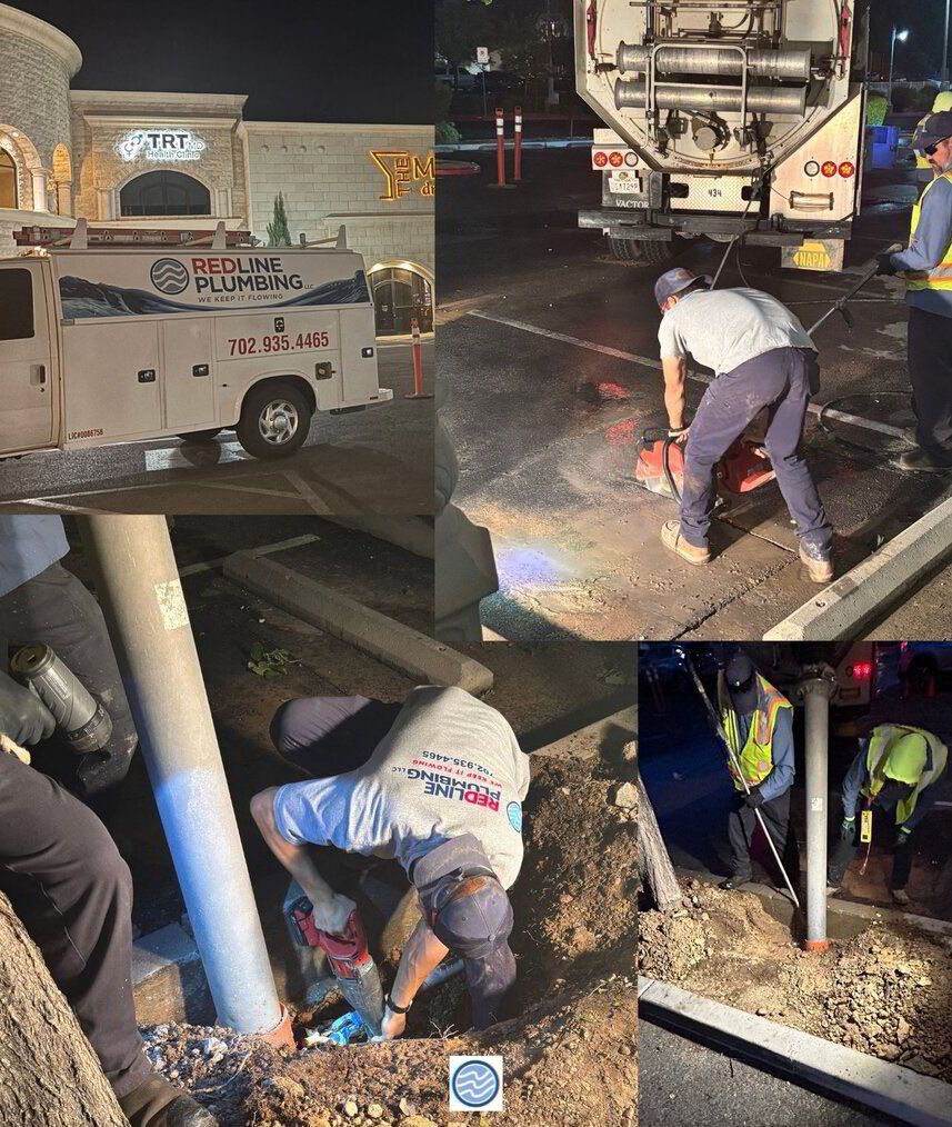 Utility crew working in a dark trench beside a truck, repairing damaged underground lines at night