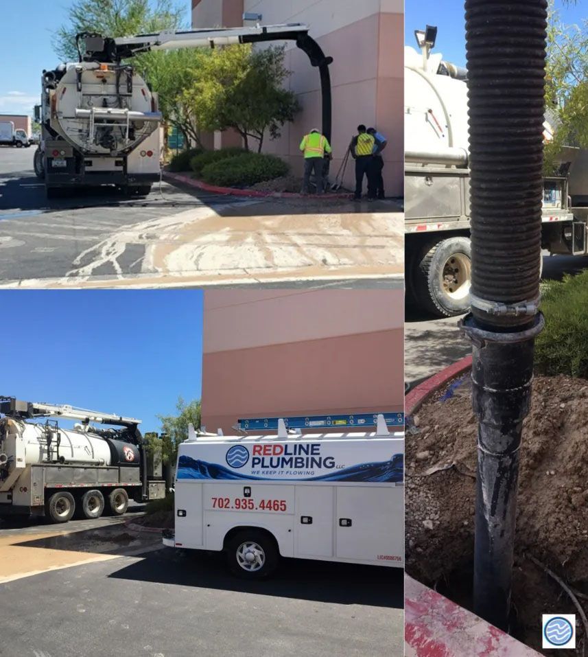 Utility truck and plumbers working outside a stucco building, with close-up of a damaged pipe repair