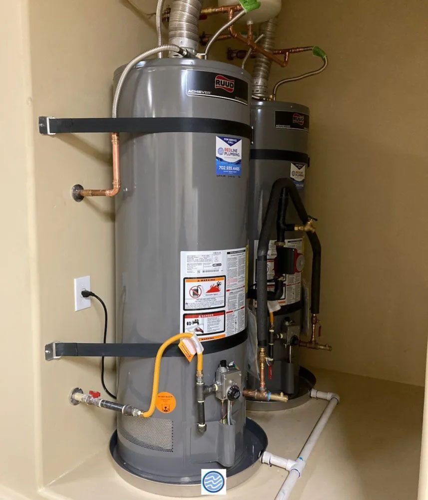Gray water heater with copper pipes and venting in a utility closet