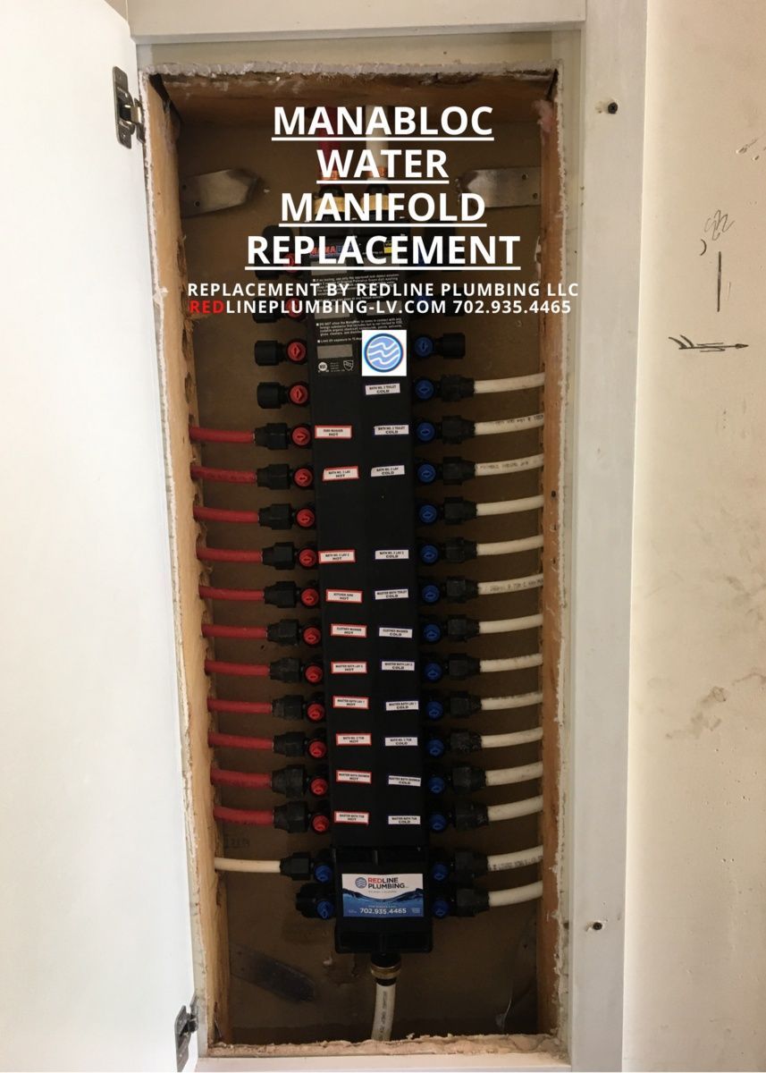 Manabloc water manifold replacement panel with rows of red and blue shutoff valves in a wall niche