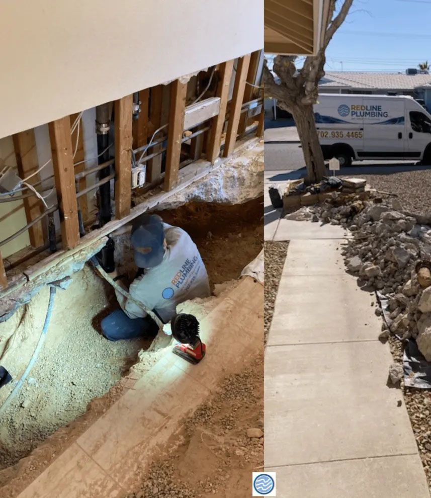 Worker in blue coveralls crouches in a crawlspace beneath a building, with a service van outside.