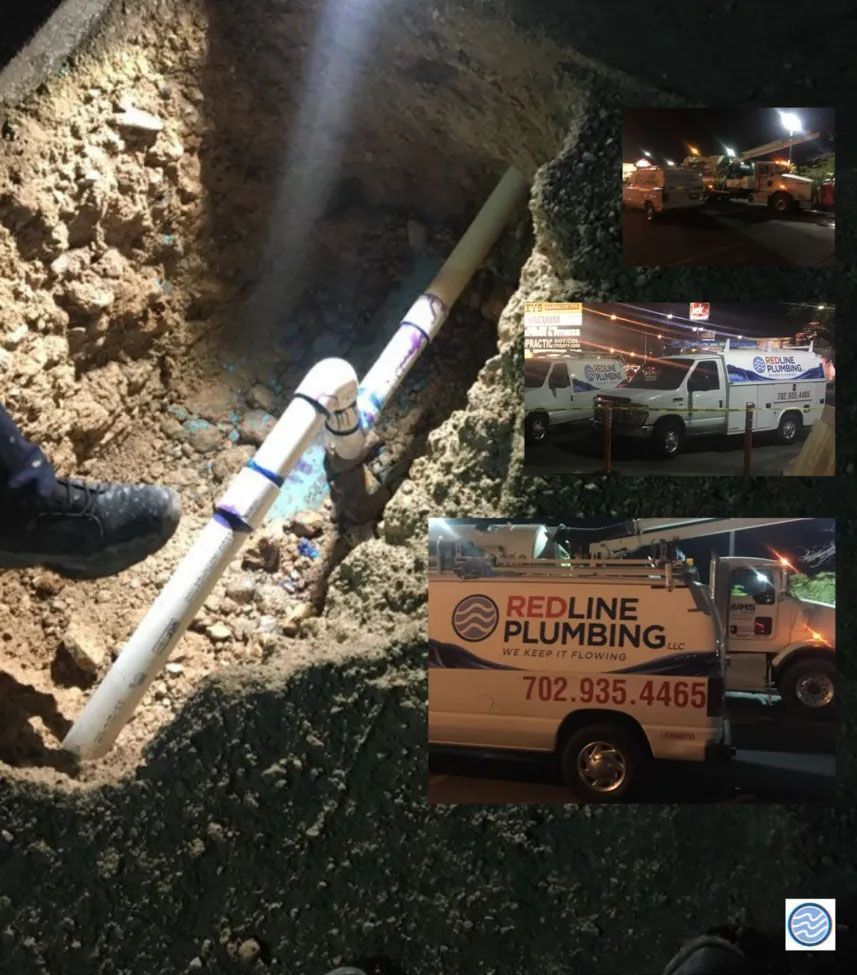 Nighttime trench repair with white pipes and a Redline Plumbing truck/work van at the scene.