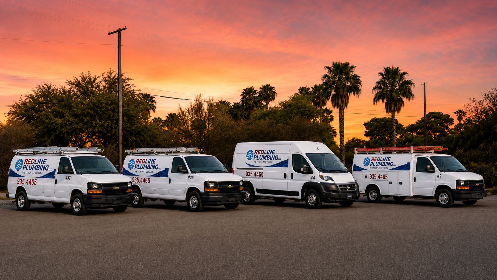 Four white service vans parked in a row at sunset with palm trees and an orange sky.