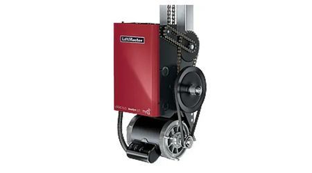 Red and black LiftMaster garage door opener motor assembly.