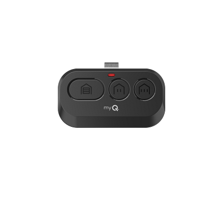 Black MyQ garage door opener with three buttons and a charging port.