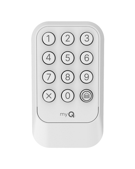 White keypad with numbers 0-9, cancel (X), and myQ logo, likely for garage door control.