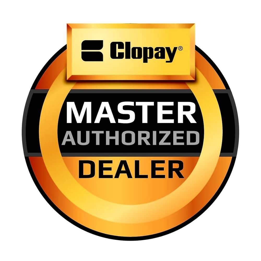 Clopay Master Authorized Dealer logo: gold, black, and white circular badge with text and brand name.