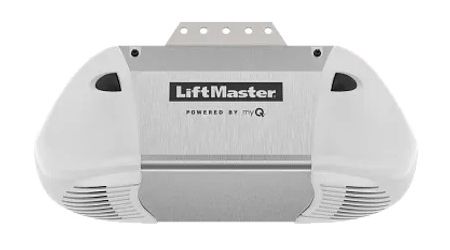 LiftMaster garage door opener, white and gray, with the brand name visible.