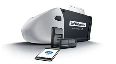 LiftMaster garage door opener with remote controls and a smartphone.