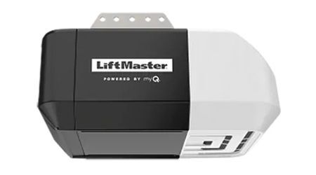Black and white LiftMaster garage door opener. Powered by myQ technology.