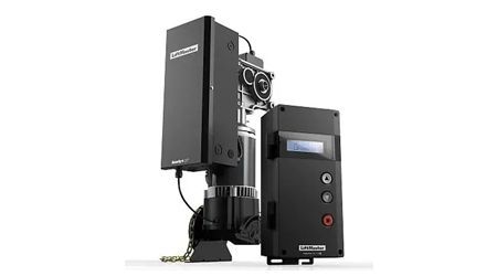 Black robotic device with control panel and display screen.