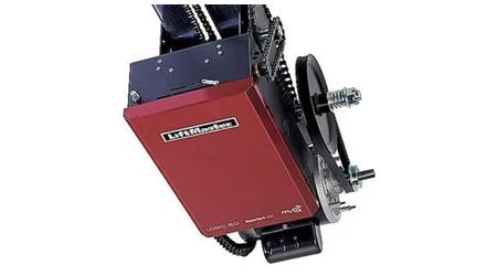 Red LiftMaster garage door opener motor.