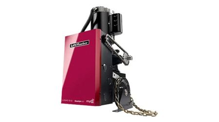 Red and black garage door opener with chain drive.