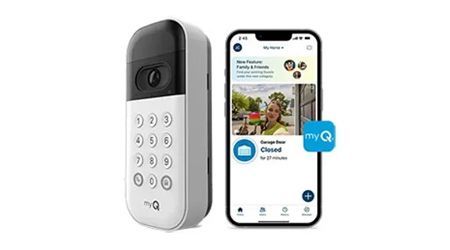 White keypad door lock and smartphone screen showing security app interface.