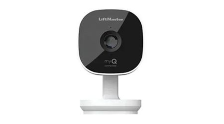 LiftMaster myQ smart garage camera, black and white, small screen, mounted on white stand.