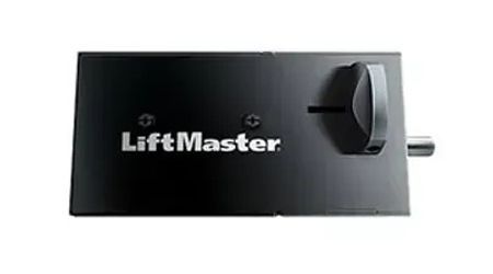 Black LiftMaster garage door lock with a handle.