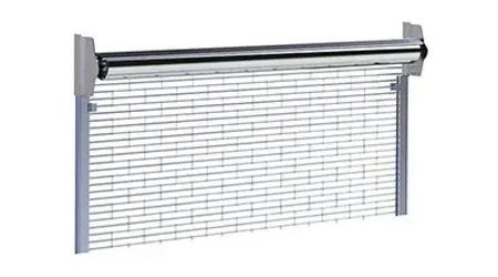 Rolling metal security gate, likely for a business entrance.