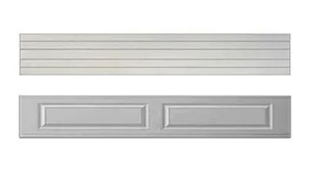 Two horizontal, white wooden panels: one with horizontal grooves, one with two recessed rectangles.