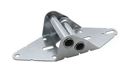 A silver garage door hinge with a roller and mounting plate.