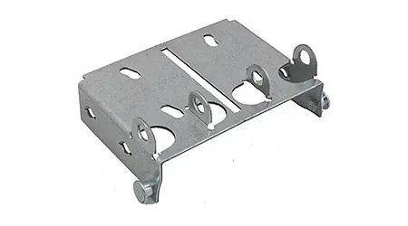 Metal bracket with cutouts and tabs.