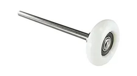 White garage door roller with a metal shaft.