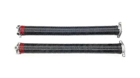 Two black garage door springs with red tips.