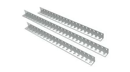 Three metal angle brackets with numerous holes, arranged on white background.